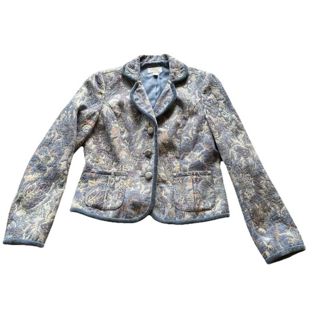 Talbots Women’s Size 6 Blue Brocade Blazer Velvet Trim Structured Jacket
